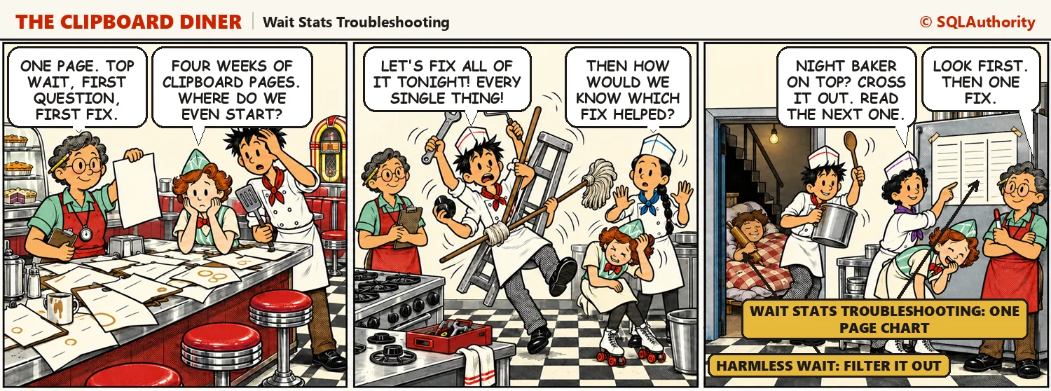 Comic strip: Casey turns four weeks of notes into a one page chart, Ace tries to fix everything at once, and then gets caught about to wake the sleeping night baker with a pot. Jules says, "Night baker on top? Cross it out. Read the next one."