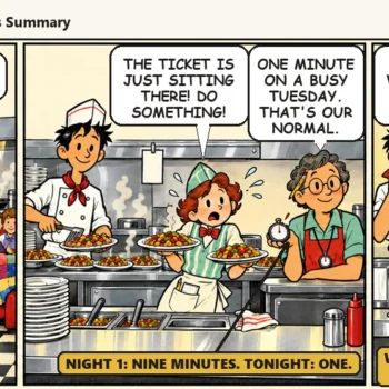 Comic strip: the critic in a gray raincoat orders the Garden Hash, Casey calmly lets the ticket wait one minute on the rail, and the critic leaves a napkin that makes Quinn beam and Ace cry happy tears. Casey says, "Cooking four, waiting one. A normal Tuesday."