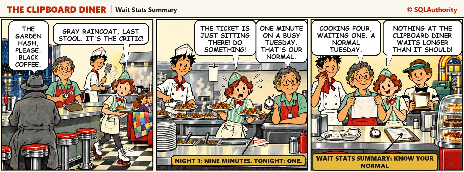 Comic strip: the critic in a gray raincoat orders the Garden Hash, Casey calmly lets the ticket wait one minute on the rail, and the critic leaves a napkin that makes Quinn beam and Ace cry happy tears. Casey says, "Cooking four, waiting one. A normal Tuesday."