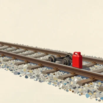 An old narrow pair of railway wheels on its axle resting beside a newer, wider track it no longer fits.