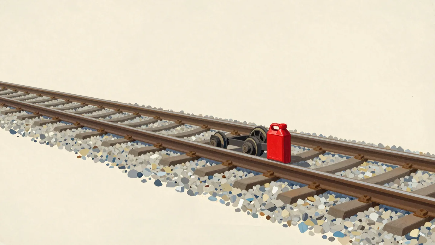 An old narrow pair of railway wheels on its axle resting beside a newer, wider track it no longer fits.