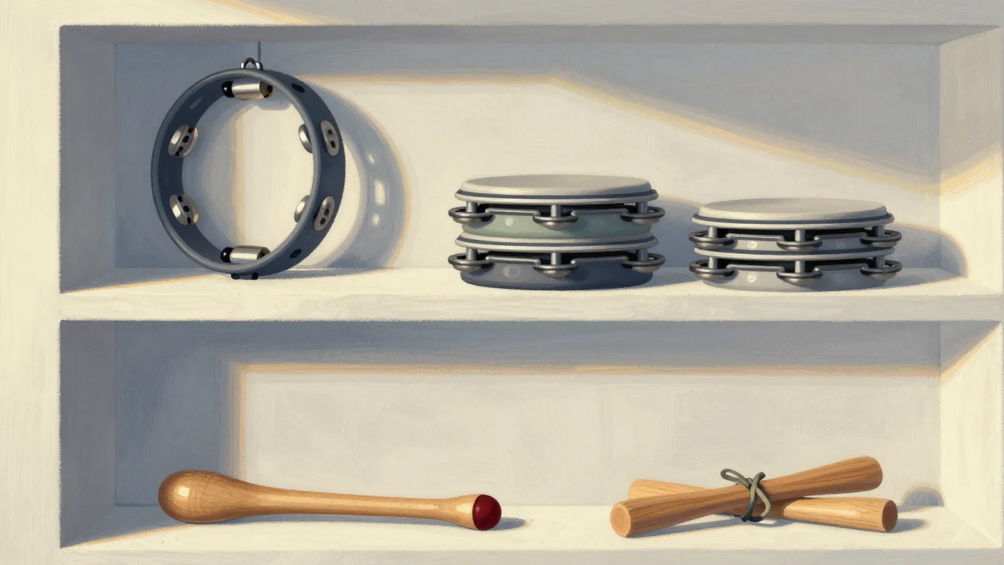 Gouache painting: on a music room shelf, one tambourine hangs beside a stacked trio of tambourines