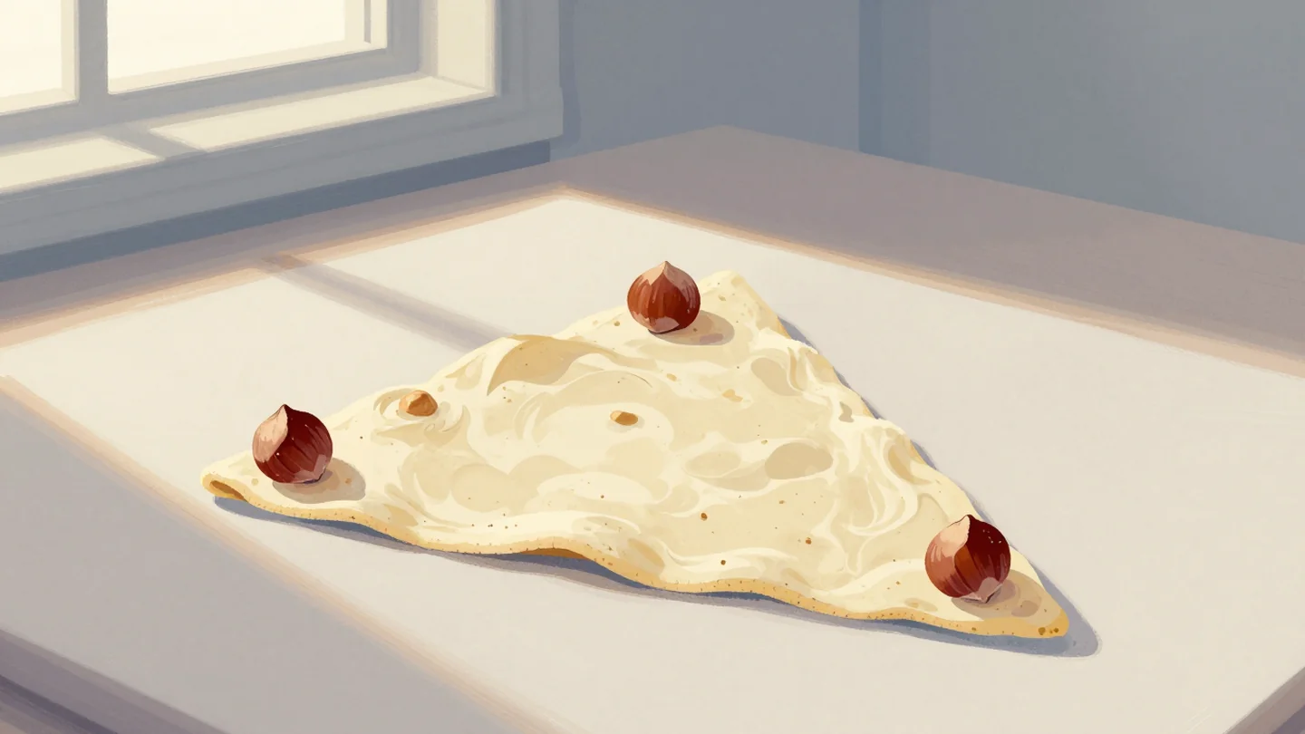 Gouache painting: a triangular sheet of flatbread dough lies on a floured board with one hazelnut at each of its three corners