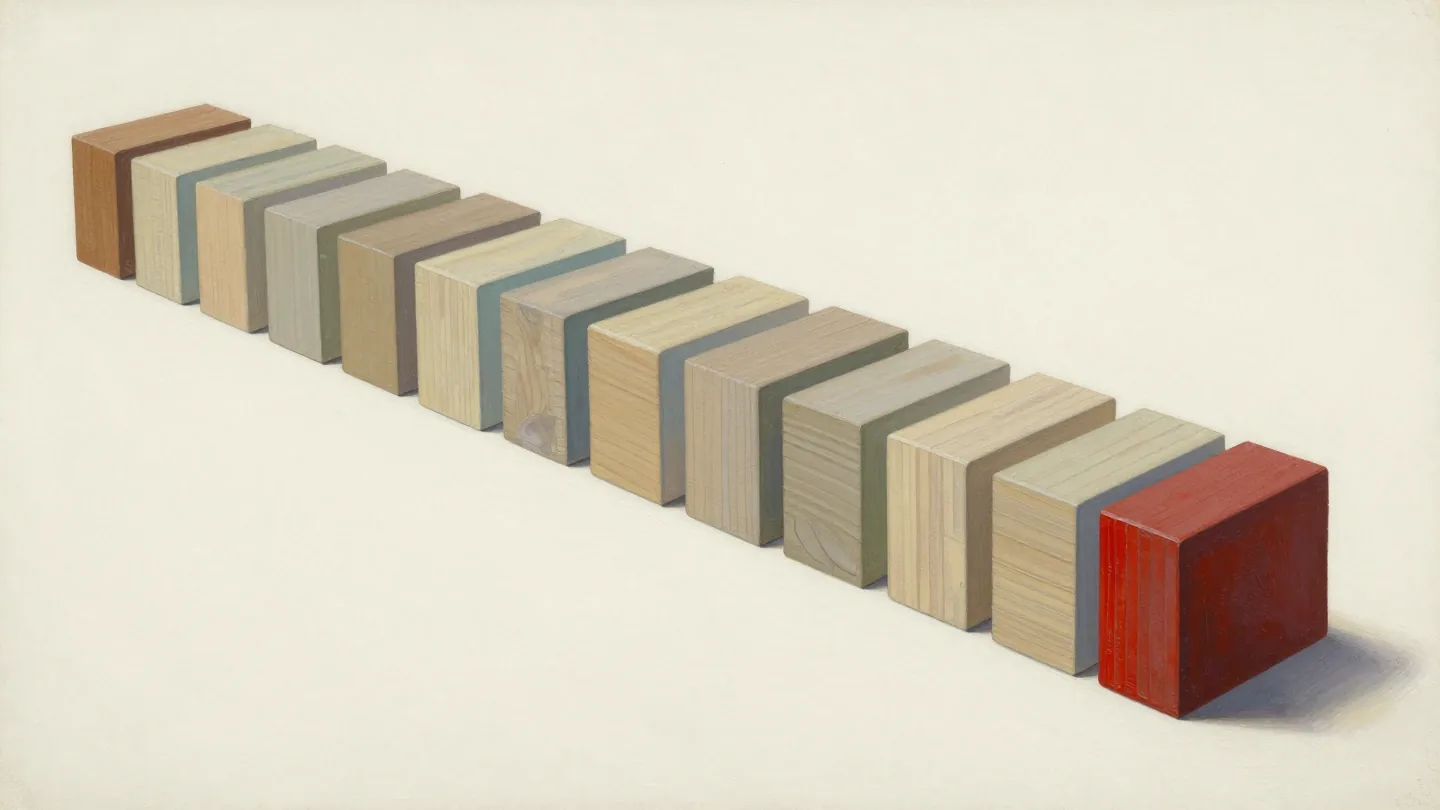 Twelve unmarked wooden blocks in a row with a separate red end block.