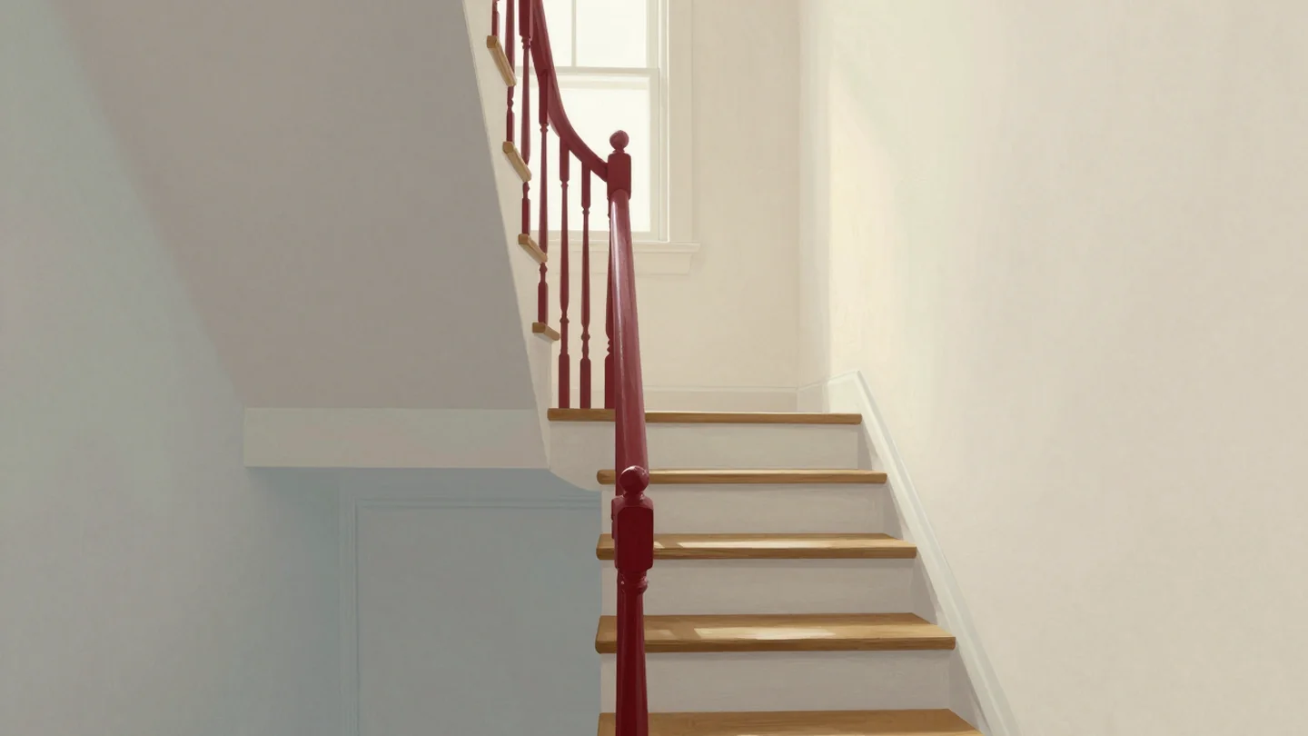 Gouache painting: a wooden staircase with a red banister climbing to a landing in a quiet hall