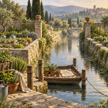 A small boat holds potted plants between two stone-lined garden banks beside a wooden plant cart.