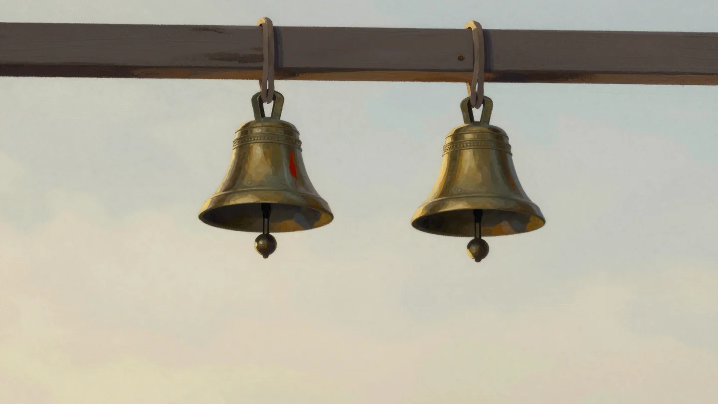 Gouache painting: from a wooden beam hang two brass bells with a wide gap between them