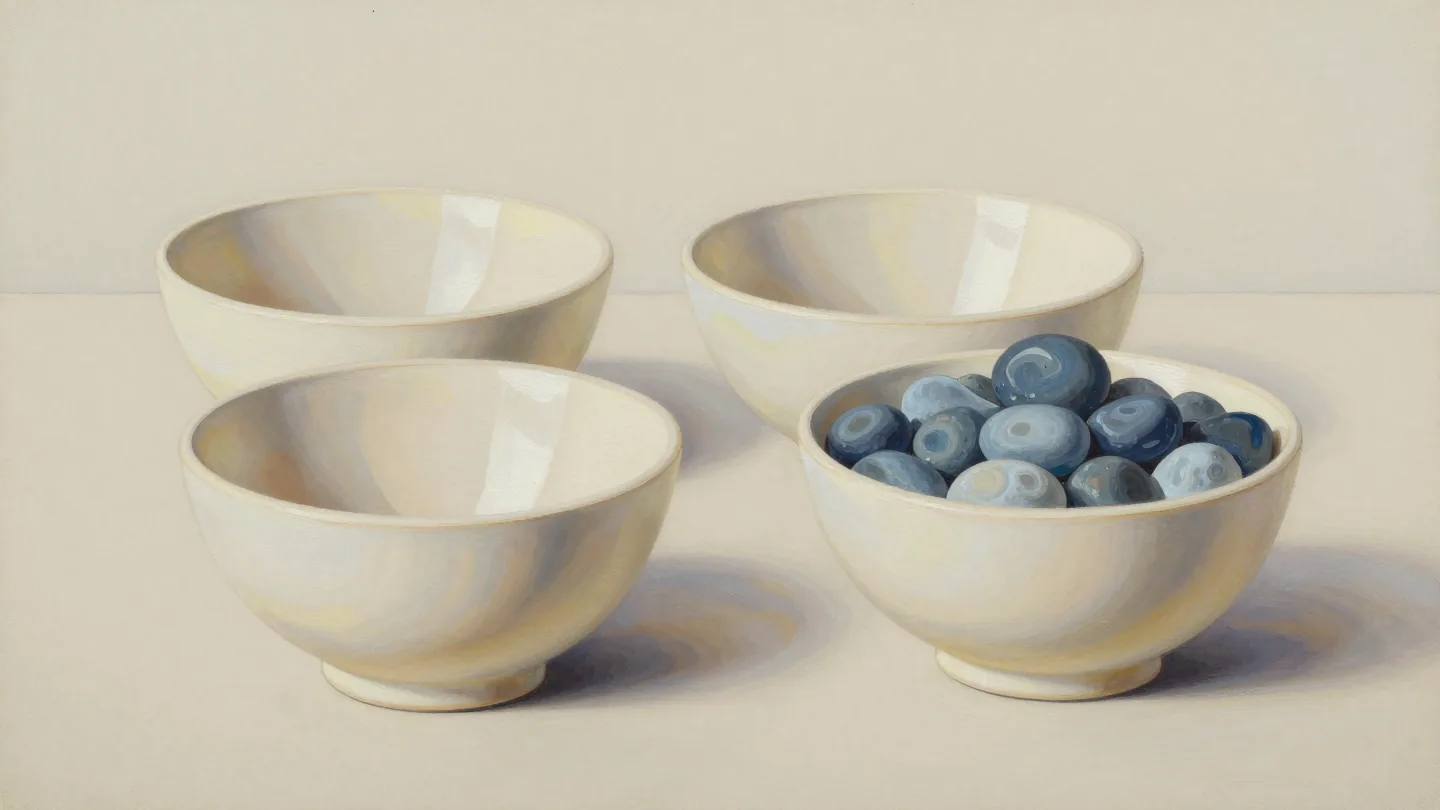Four pale ceramic bowls in two pairs, three empty and the front-right bowl filled with blue pebbles.