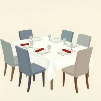 A set dining table with one chair pulled out and a red napkin on its plate, no one seated