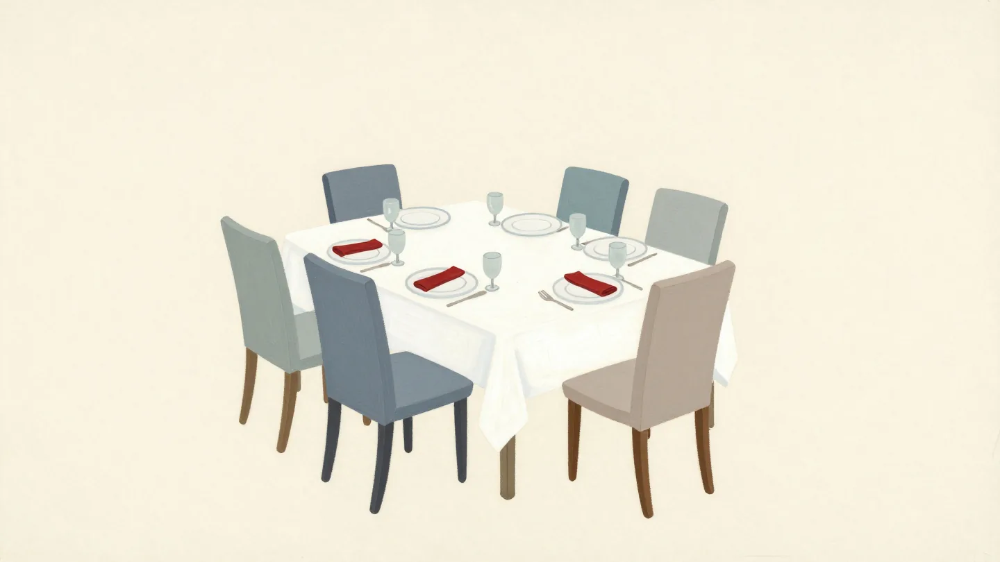 A set dining table with one chair pulled out and a red napkin on its plate, no one seated
