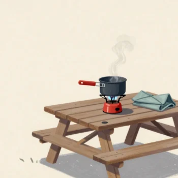 A small camping stove with one simmering pot on a picnic table in a quiet clearing at dusk