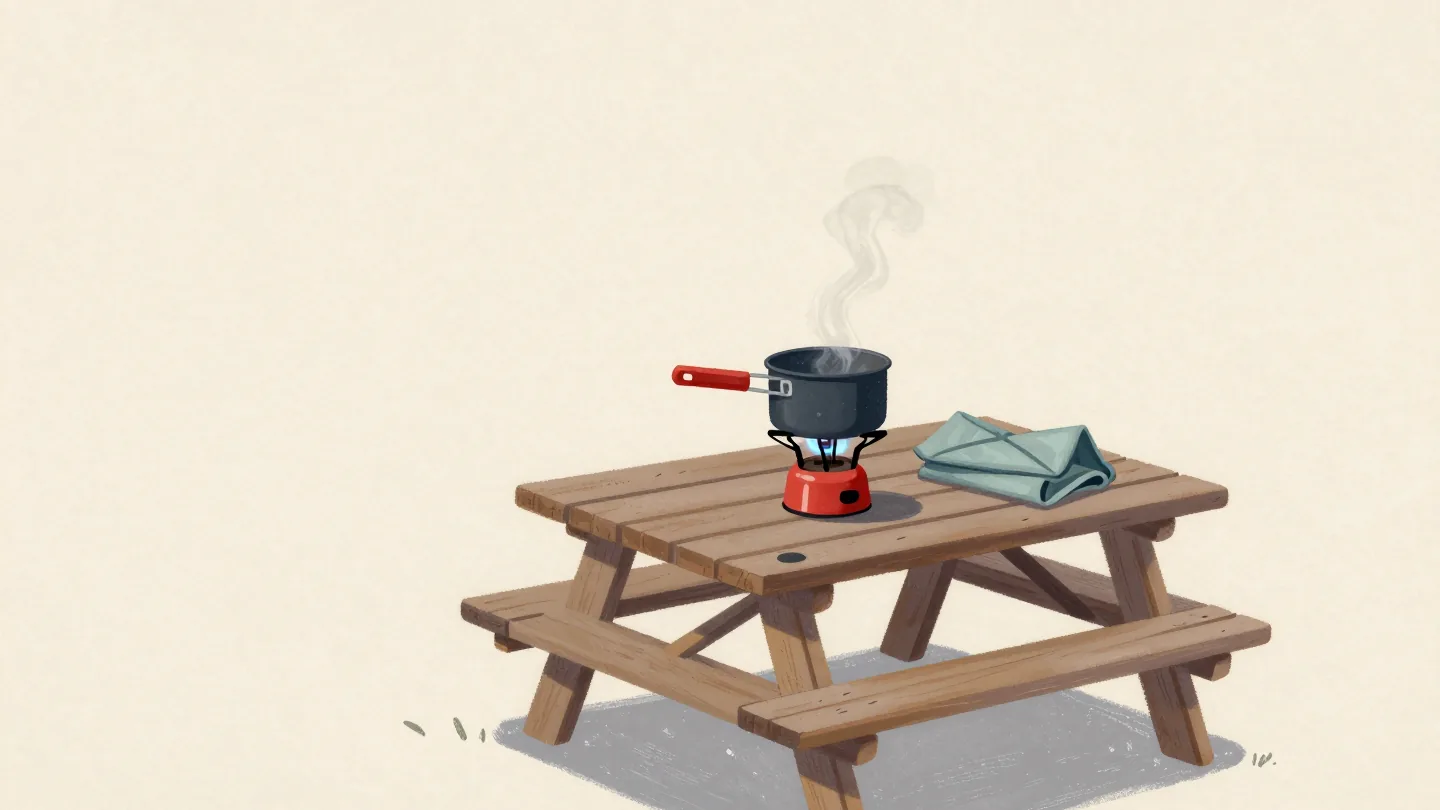 A small camping stove with one simmering pot on a picnic table in a quiet clearing at dusk