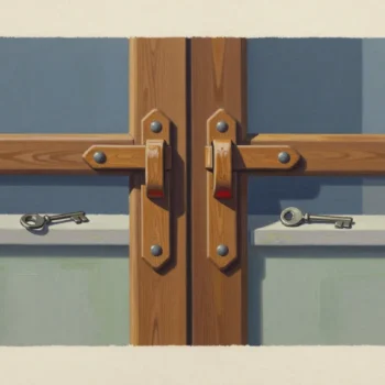 Two wooden gate latches with a separate key below each latch.