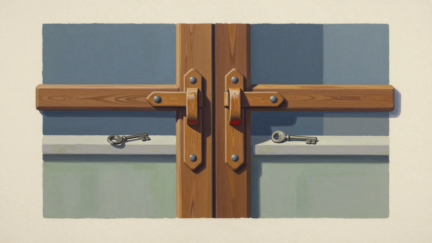 Two wooden gate latches with a separate key below each latch.