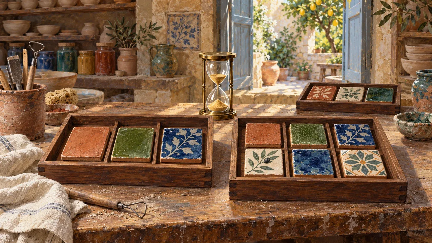 Two wooden trays of ceramic samples beside an hourglass, with a separate unmatched-sample tray.