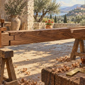 A detailed woodworking atelier shows one timber beam worked at two stations with coherent tools and careful joinery.