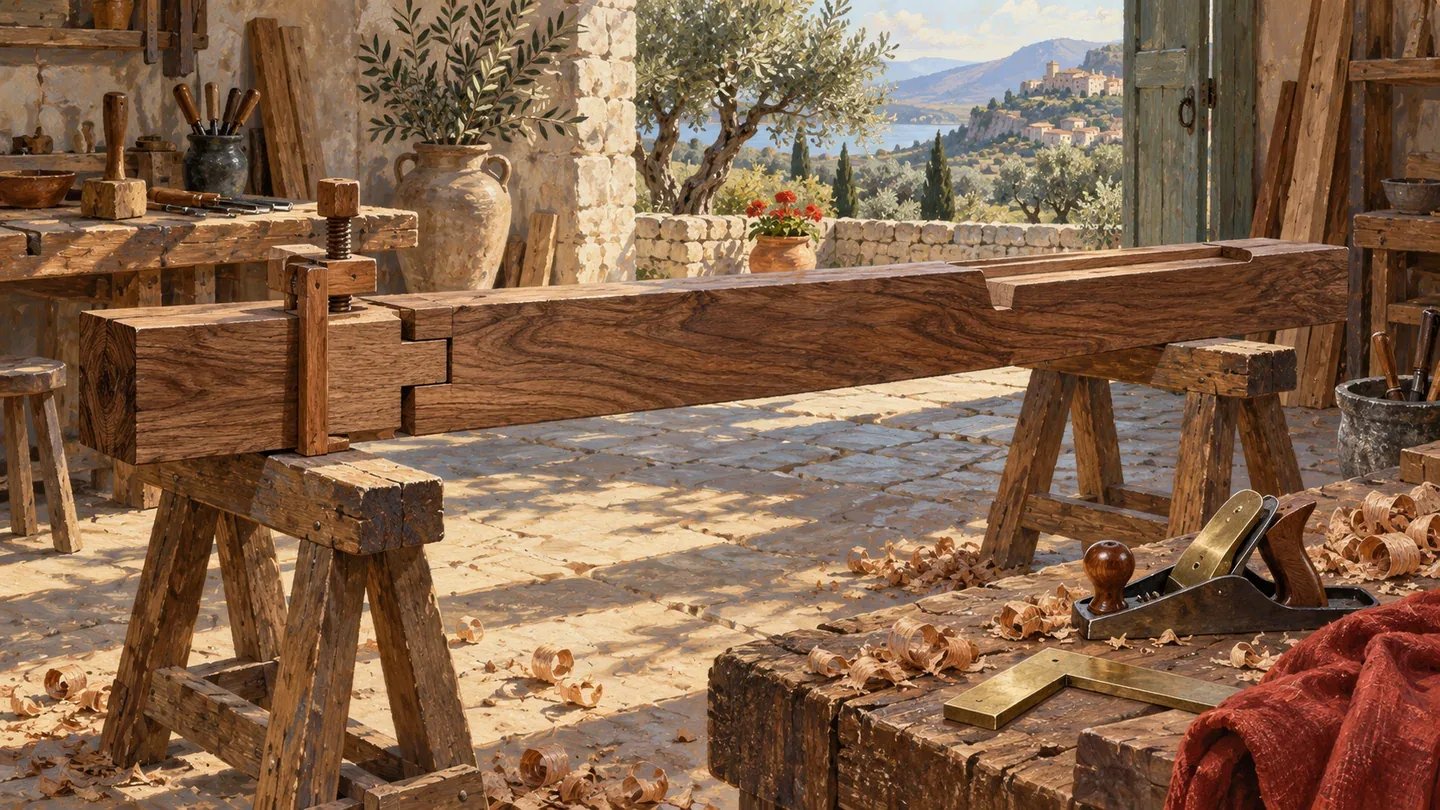 A detailed woodworking atelier shows one timber beam worked at two stations with coherent tools and careful joinery.
