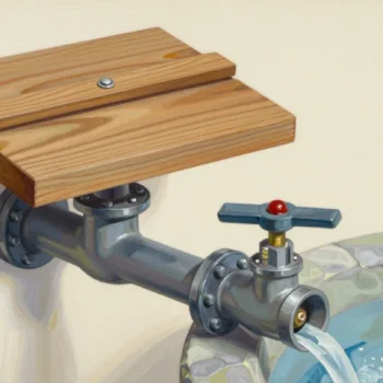 A wooden bar latch above a separate metal valve handle and pipe flowing into a stone basin.