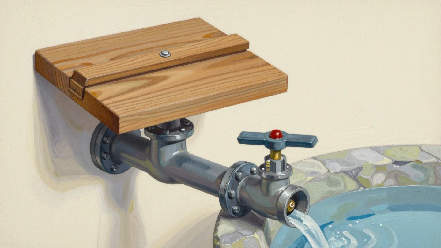 A wooden bar latch above a separate metal valve handle and pipe flowing into a stone basin.