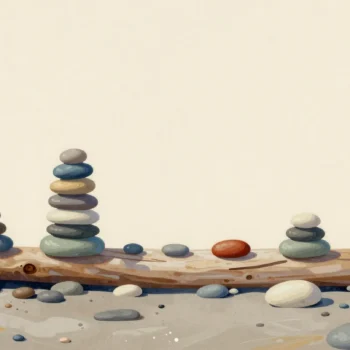 Pebbles sorted into heaps by size along a driftwood plank on a beach, one heap much taller than the others.