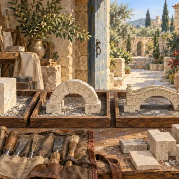 Stone block, arch and bridge models rest in wooden trays beside tools, loose stone pieces and an unlabelled bridge construction sketch.