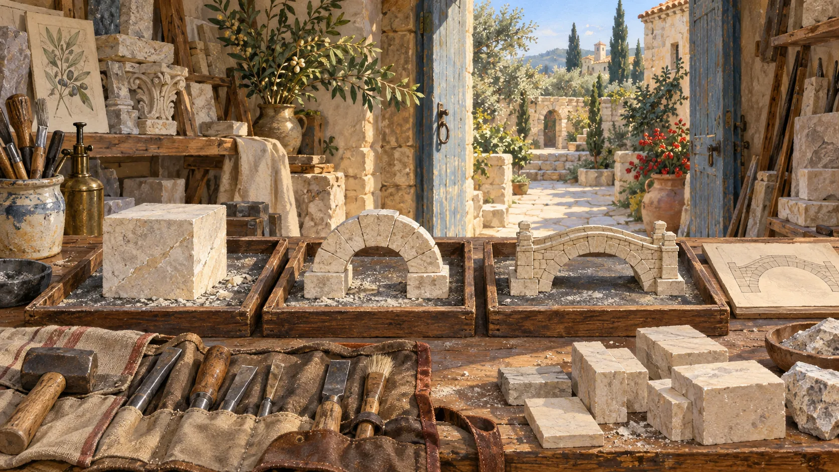 Stone block, arch and bridge models rest in wooden trays beside tools, loose stone pieces and an unlabelled bridge construction sketch.