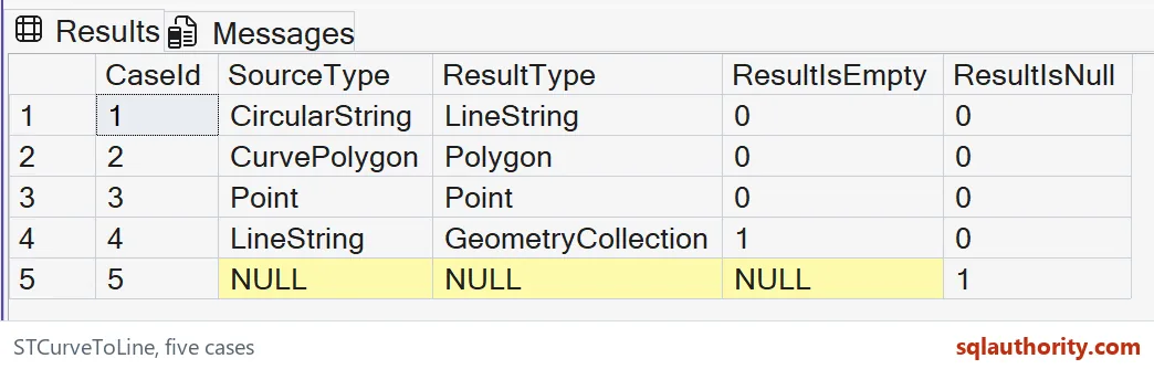 Native SSMS results showing converted curve types, an unchanged point, an empty line and NULL input.