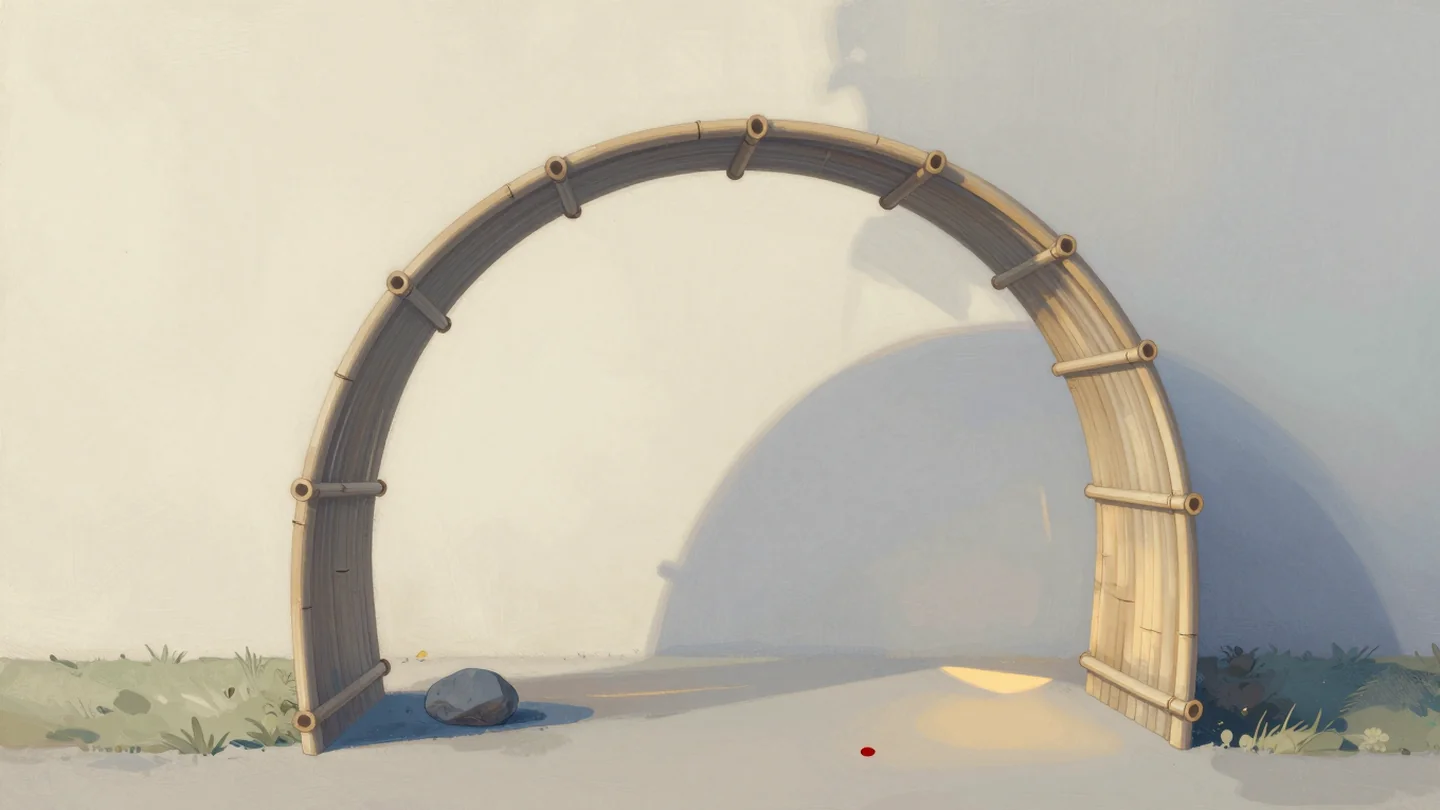 Gouache painting: on a garden path a smooth bent willow hoop arches over the ground