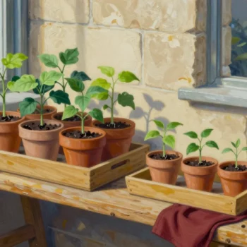 Two wooden trays hold terracotta pots with plants of different sizes beside a bright stone-room window.