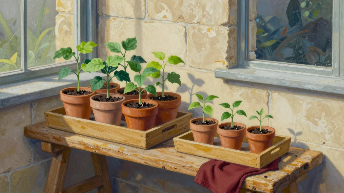 Two wooden trays hold terracotta pots with plants of different sizes beside a bright stone-room window.