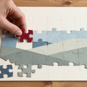 A jigsaw puzzle with pieces sorted into groups before being fitted together