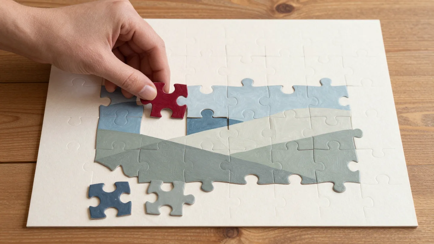 A jigsaw puzzle with pieces sorted into groups before being fitted together