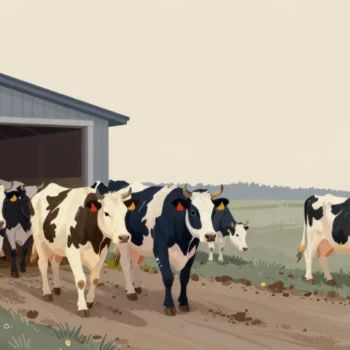 Dairy cows walking home along a farm lane at dusk, one cow lagging far behind at a bend.