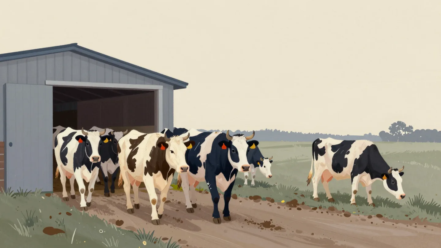 Dairy cows walking home along a farm lane at dusk, one cow lagging far behind at a bend.