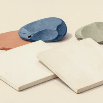 Two overlapping pale ceramic tiles beside a terracotta slab and blue and sage stones.
