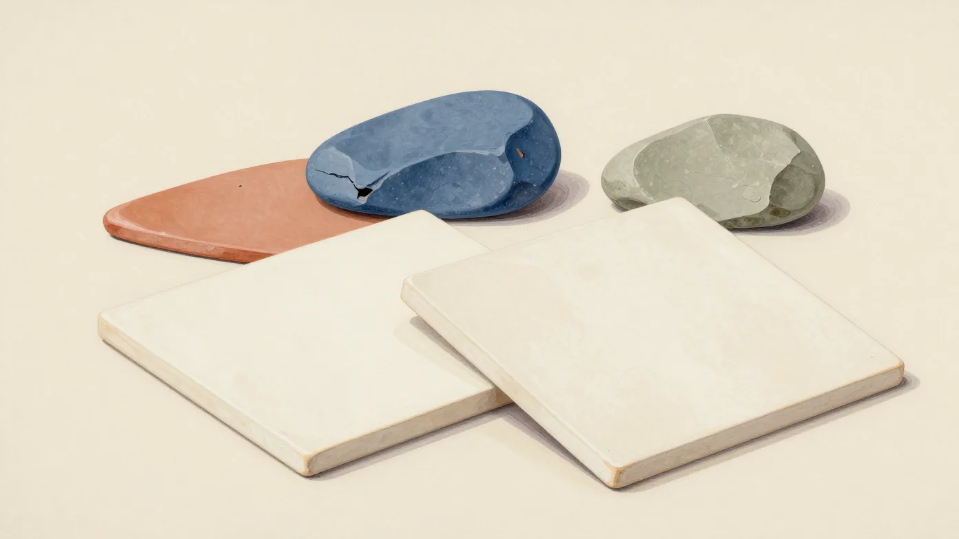 Two overlapping pale ceramic tiles beside a terracotta slab and blue and sage stones.