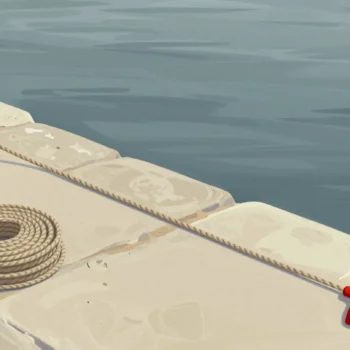 Hands feeding a long knotted rope into harbor water, a red rag tied at a knot far down the line