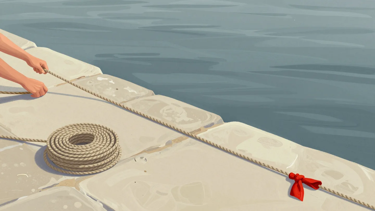 Hands feeding a long knotted rope into harbor water, a red rag tied at a knot far down the line