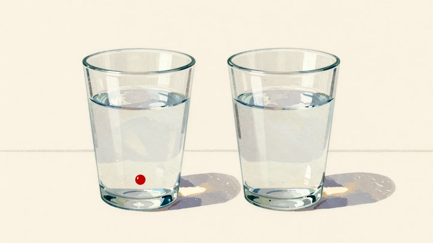 Two identical glasses of water, one with a red drop sinking in it