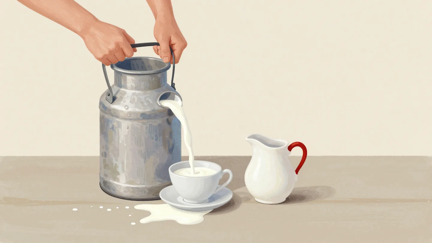 Hands tipping a large milk churn over a small teacup, milk flooding the table, a tiny cream jug unused