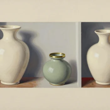 Two similar cream ceramic vases stand in separate wooden compartments beside a small sage-green jar.