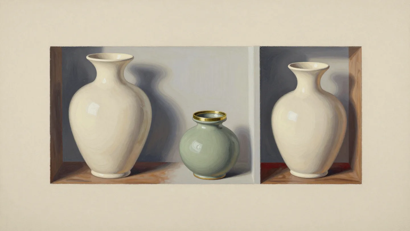 Two similar cream ceramic vases stand in separate wooden compartments beside a small sage-green jar.
