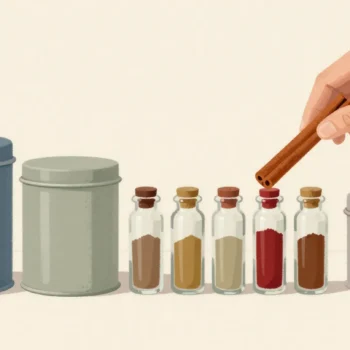 A hand holding a long cinnamon stick against a short glass spice vial that it clearly does not fit.