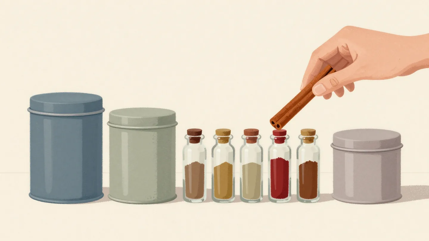 A hand holding a long cinnamon stick against a short glass spice vial that it clearly does not fit.