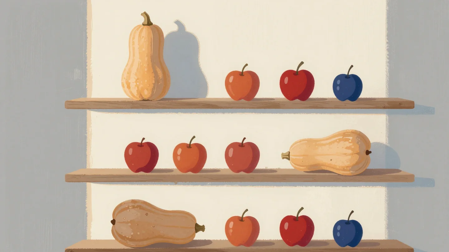 Gouache painting: three wooden shelves each hold the same three items: a large butternut squash for the year, a red apple for the month and a small blue plum for the day