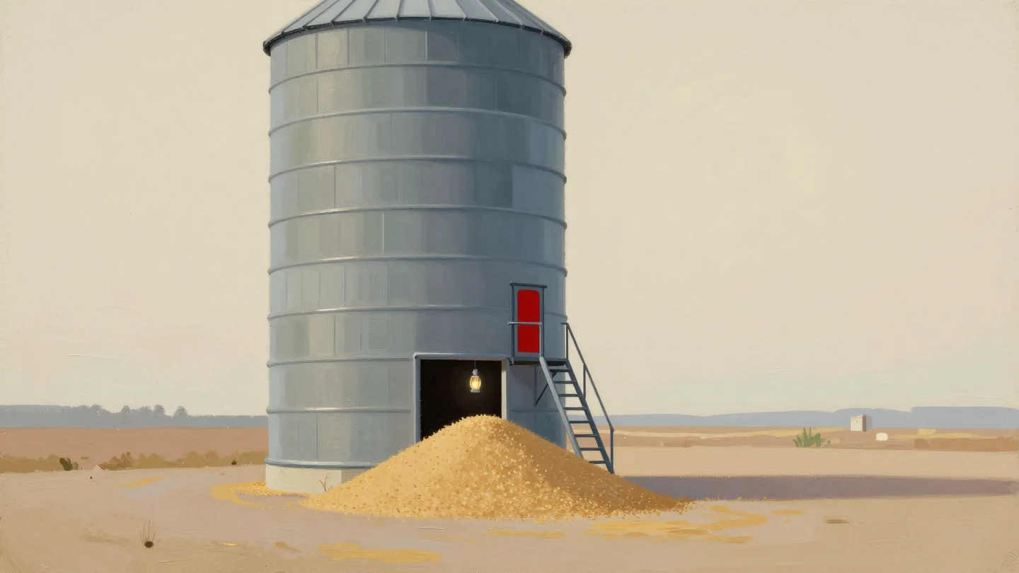 A grain silo with its main doors blocked by spilled grain and a small side hatch open with a lantern inside.