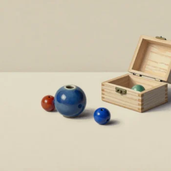 Blue and terracotta ceramic beads beside an open wooden case containing a green bead.