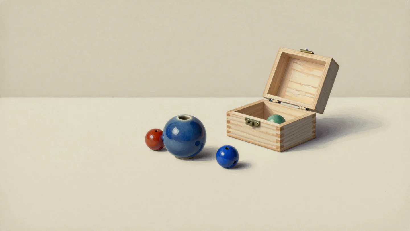 Blue and terracotta ceramic beads beside an open wooden case containing a green bead.