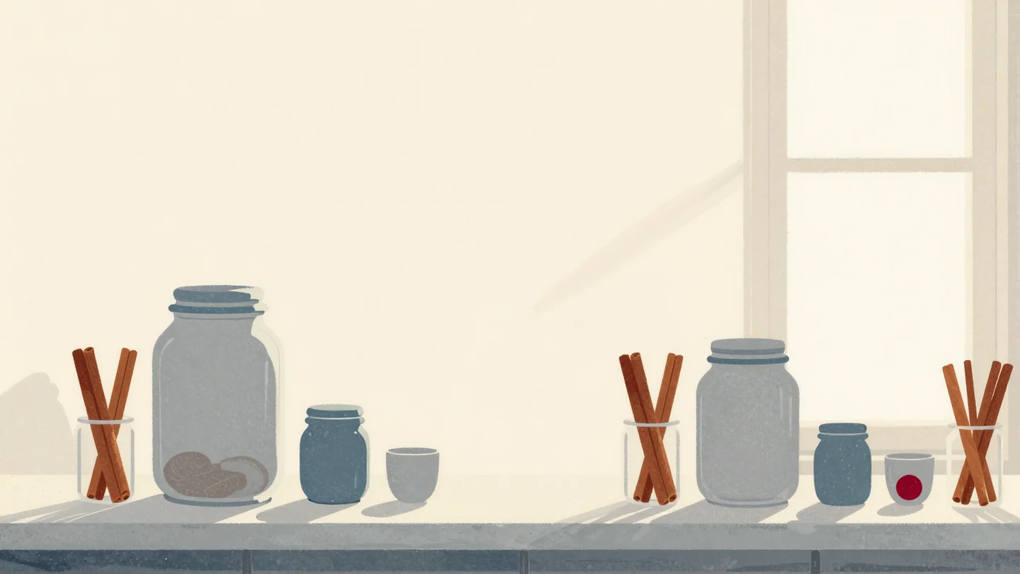 Gouache painting: on a tea shop counter a large jar, a medium jar with a small jar in front of it, then a bundle of two cinnamon sticks and a bundle of ten, stand in one row, each branch kept together
