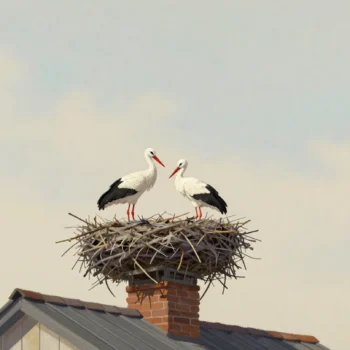 Two storks with red beaks rearranging sticks in a new nest on top of a village chimney